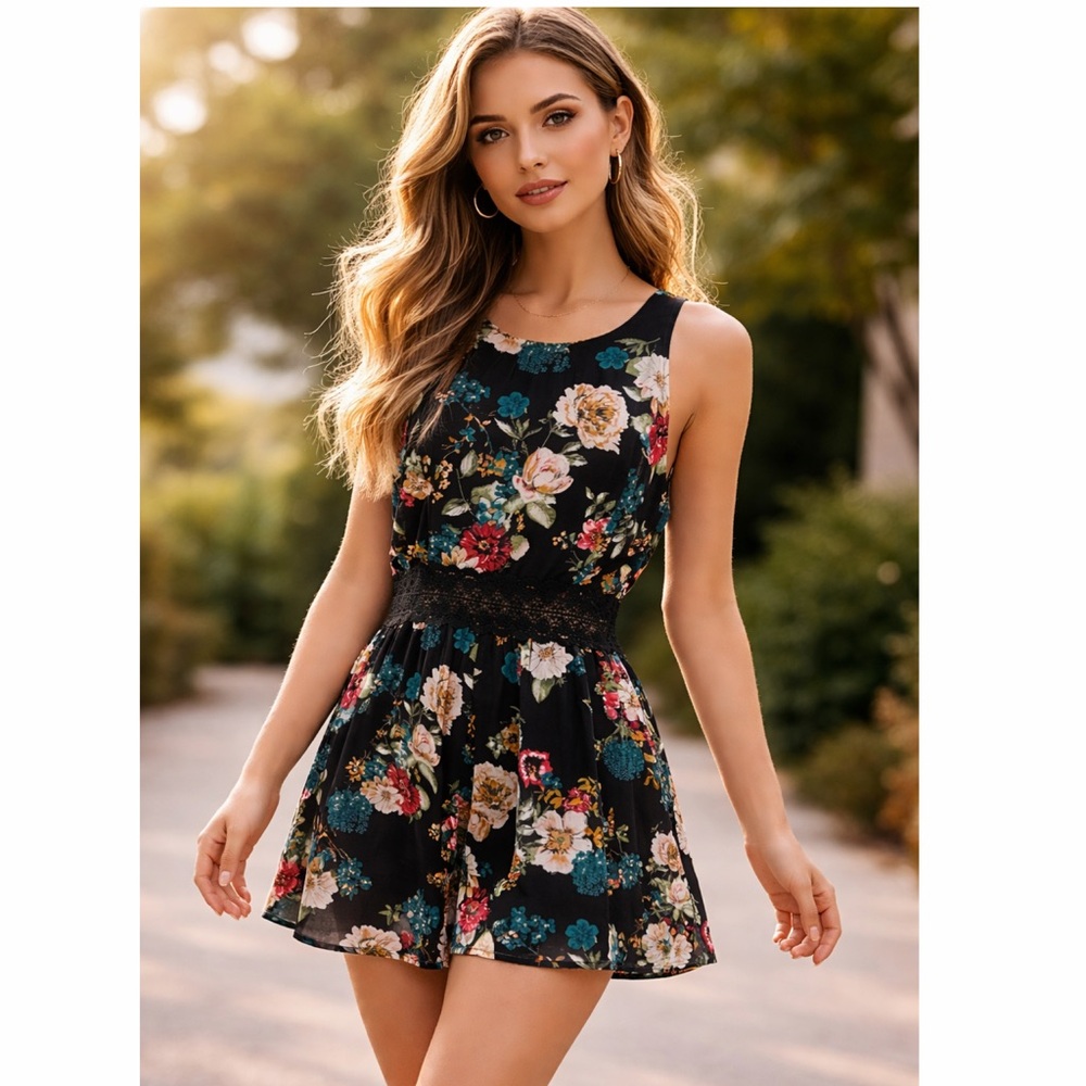 Floral‎ Sleeveless Romper Lace Waist Open Back Black Multi Size XL